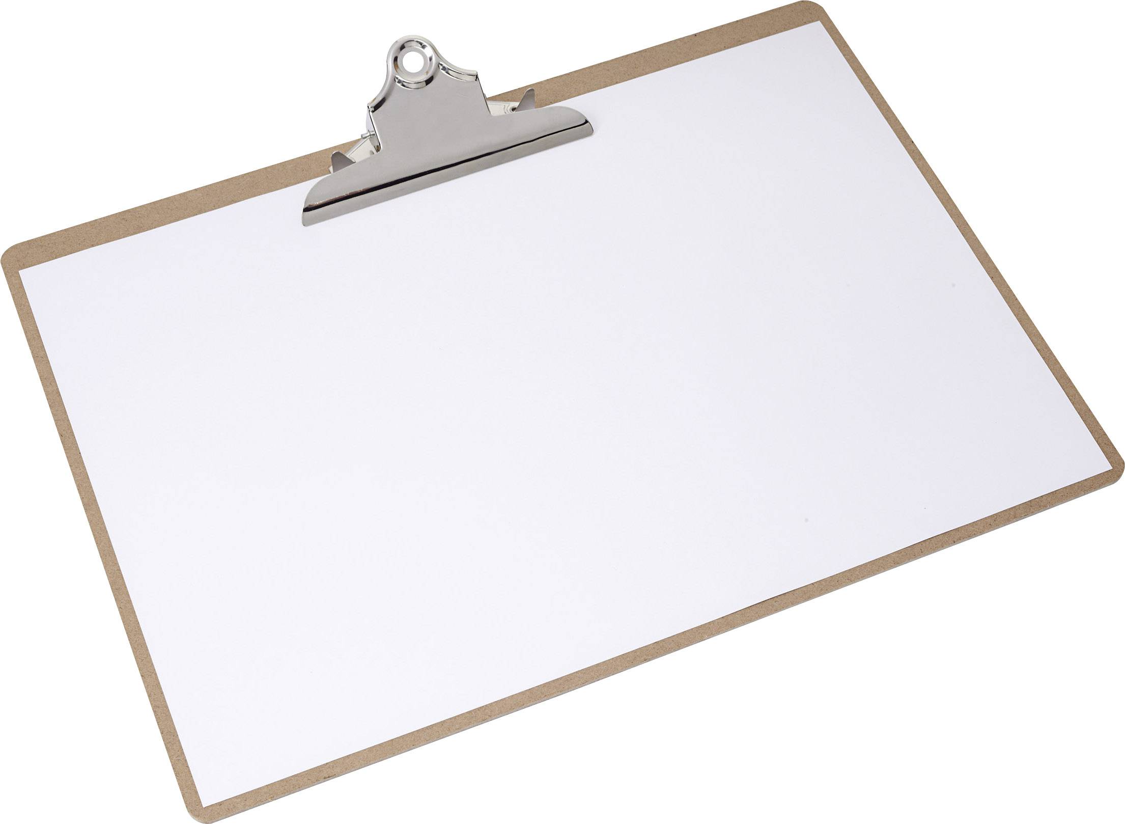 Un porte-bloc en bois avec un clip métallique en haut, sur lequel une feuille de papier blanche peut être fixée.