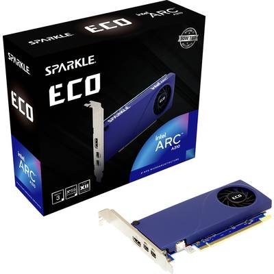 Carte graphique 'Sparkle ECO Intel Arc A310', présentée avec son emballage. Le produit met l'accent sur les économies d'énergie et les performances.