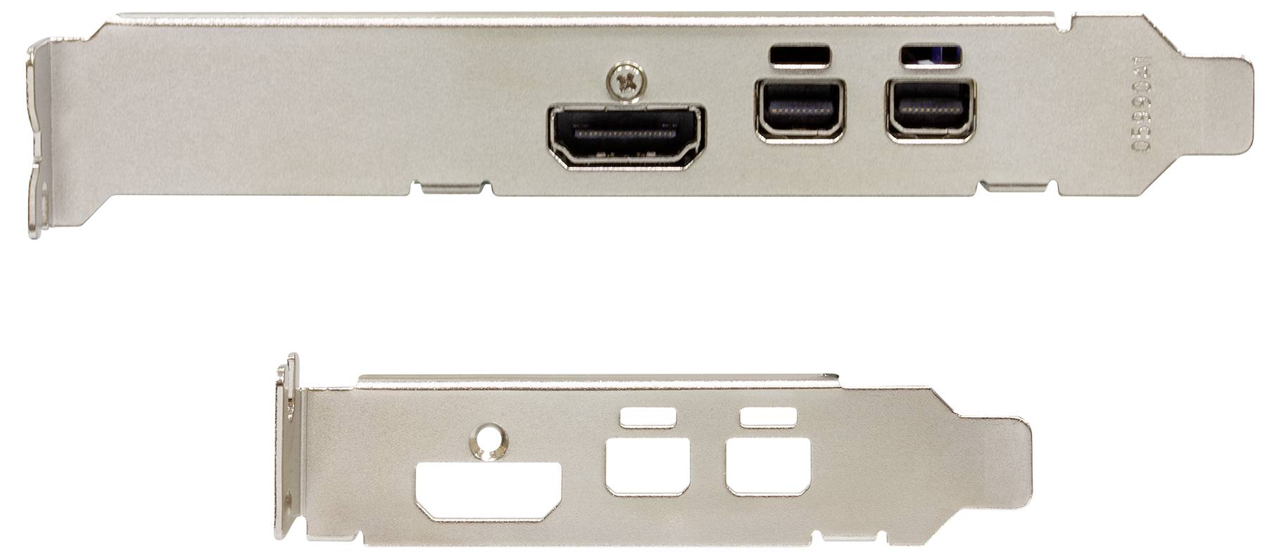 Supports pour connexions HDMI et USB, adaptés à l'installation dans un boîtier d'ordinateur. Présente deux formes différentes de supports de connexion.