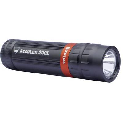 Lampe de poche noire avec anneau rouge et l'inscription 'AccuLux 200L'. Elle est compacte et adaptée à une utilisation mobile.