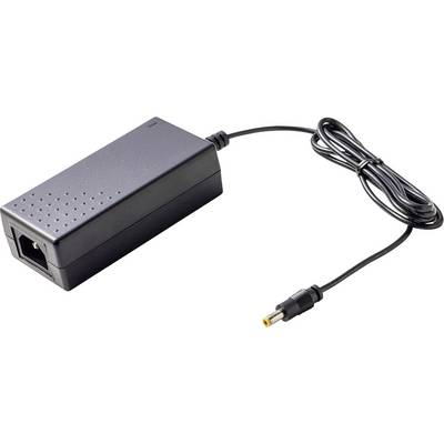 Bloc d'alimentation noir avec câble et fiche. L'appareil a une forme rectangulaire et est conçu pour alimenter des appareils électroniques.
