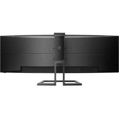 Vue arrière d'un écran d'ordinateur noir ultra-large monté sur un socle rectangulaire.