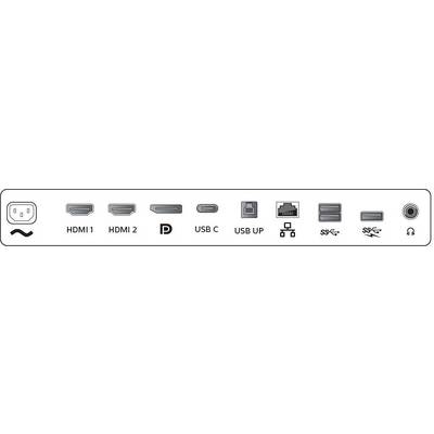 Symboles pour différents types de connexions : Alimentation, HDMI 1 et 2, DisplayPort, USB-C, USB Upstream, Ethernet, deux USB Downstream, Audio.
