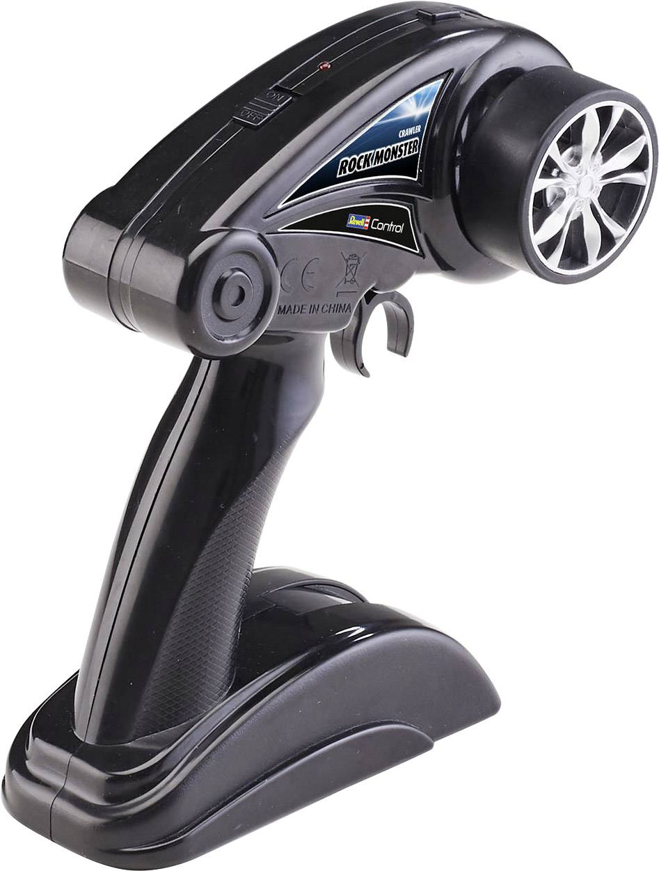 Dispositif de commande à distance pour véhicule avec design similaire à un volant et antenne, noir avec des éléments de commande spécifiques.