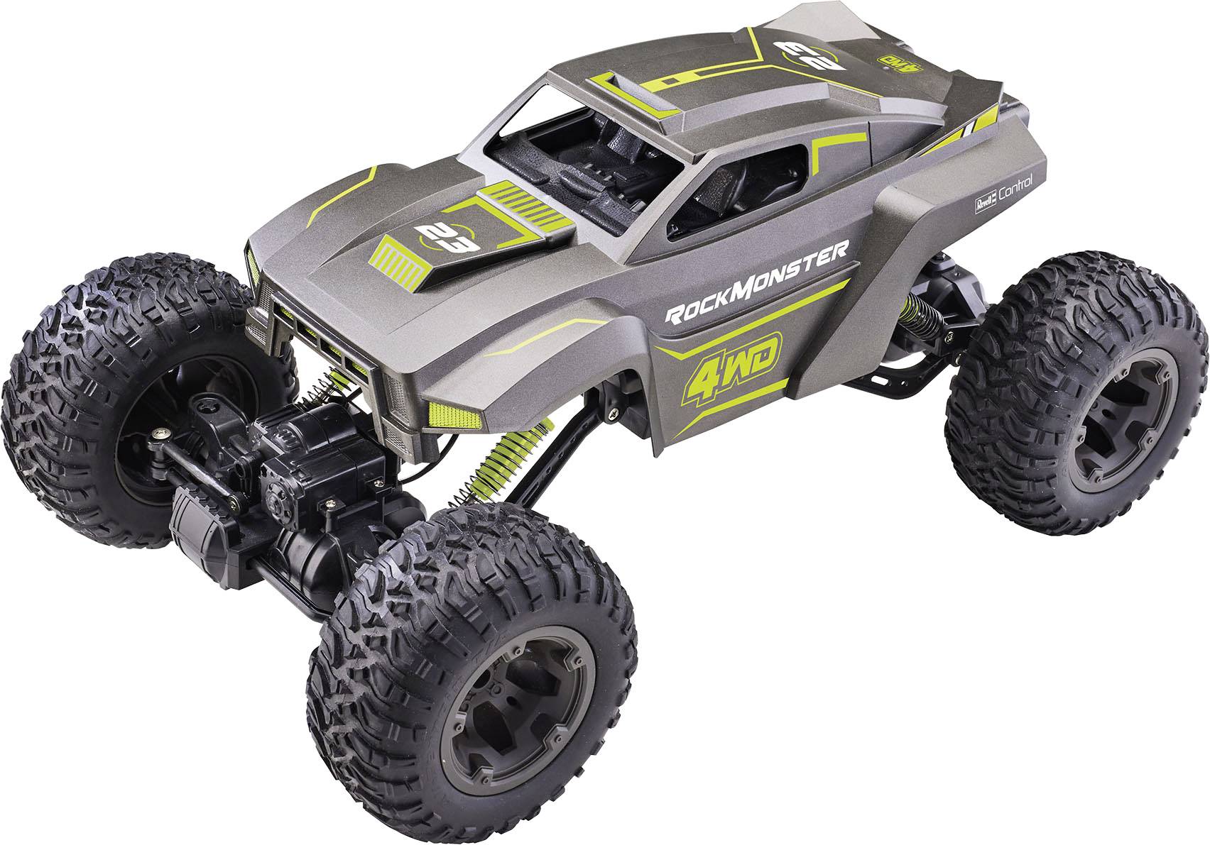 Une voiture télécommandée avec des roues robustes et grandes, dotée d'accents jaunes et portant l'inscription 'Rock Monster 4WD'.