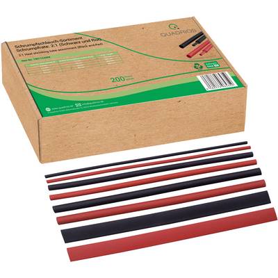 Une boîte contenant un ensemble de gaines thermorétractables en noir et rouge, au total 200 pièces. Plusieurs gaines thermorétractables sont disposées à côté de la boîte.