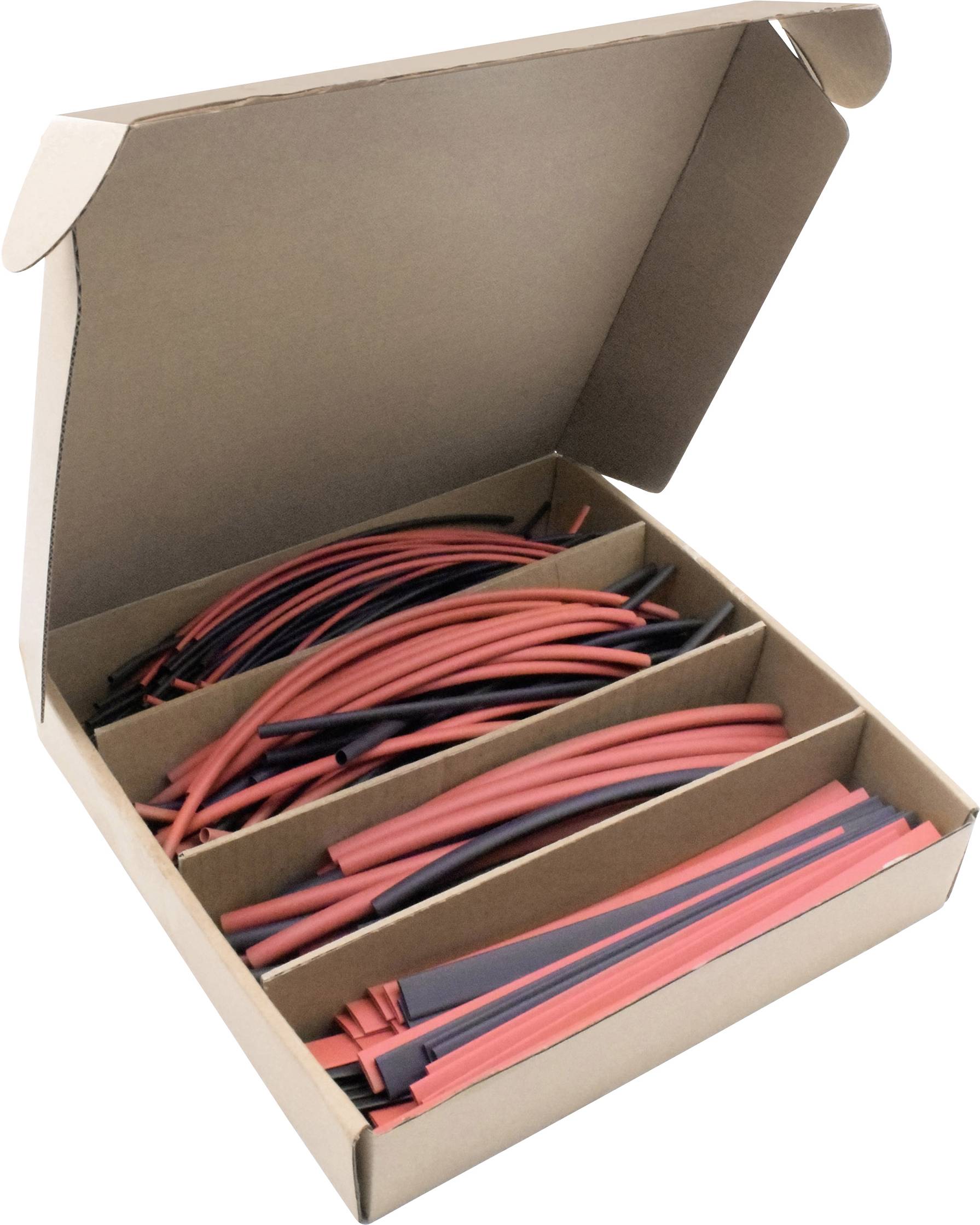 Boîte en carton compartimentée contenant des gaines thermorétractables multicolores. Les tons rouge et noir prédominent, adaptées à l'isolation des câbles.