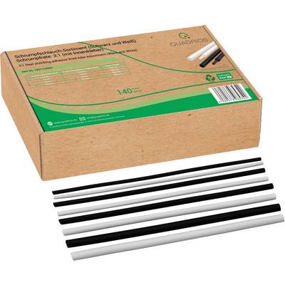 Assortiment de gaines thermorétractables Quadrios, présenté sur carton brun avec des gaines noires et blanches, contenant 140 pièces.
