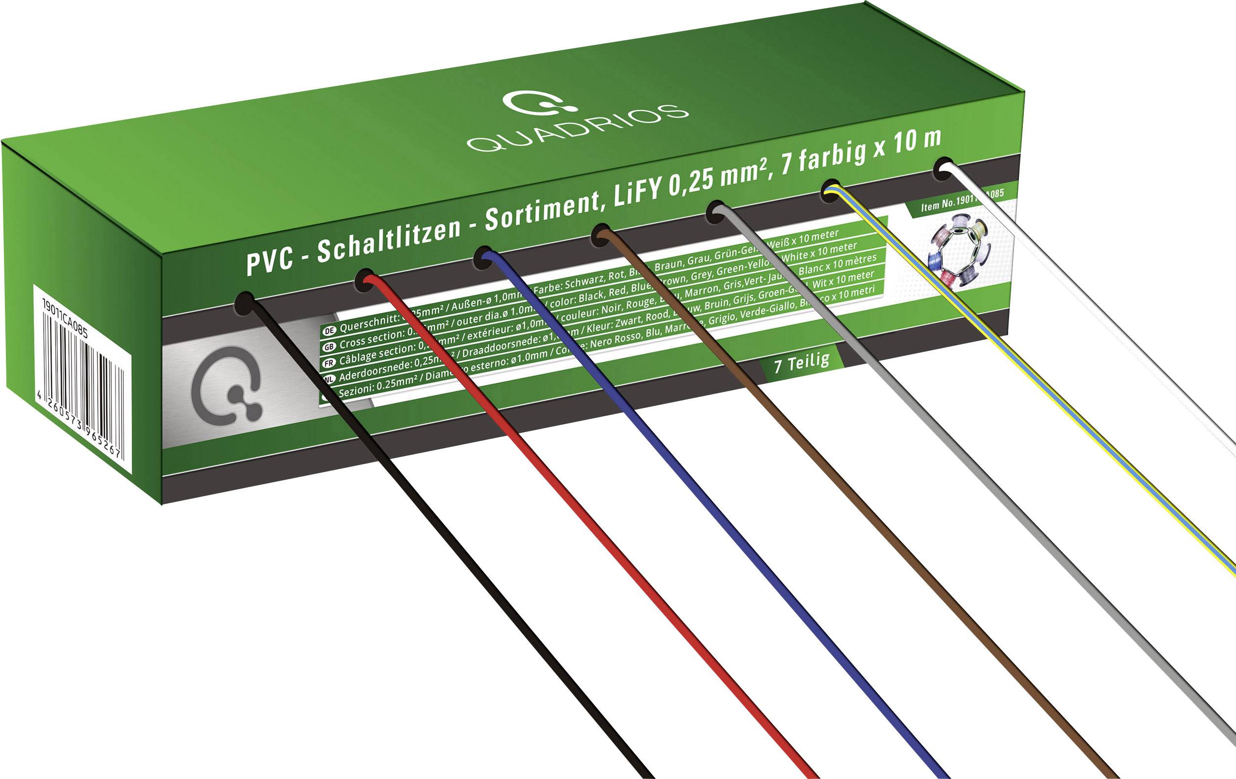 'Ensemble de fils de connexion PVC, 0,25 mm², 7 couleurs de 10 m chacune, marque Quadrios, présenté sur un emballage vert.'