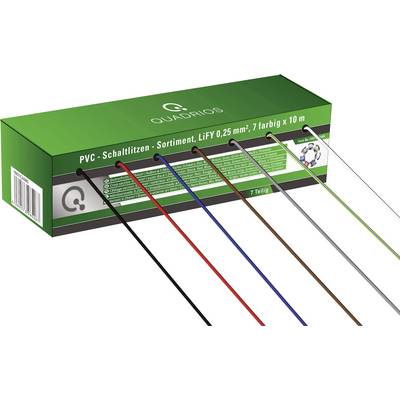 'Ensemble de fils de connexion PVC, 0,25 mm², 7 couleurs de 10 m chacune, marque Quadrios, présenté sur un emballage vert.'