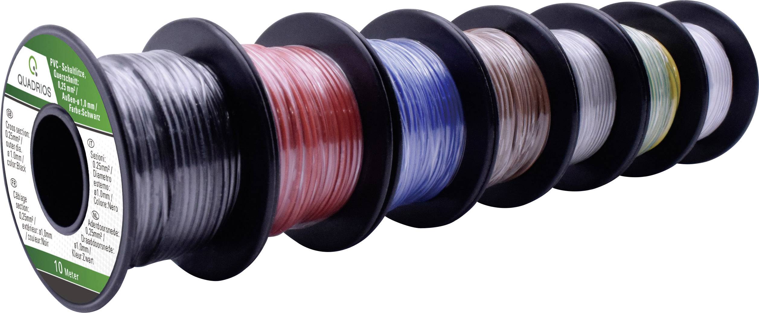 Sept bobines de fils de différentes couleurs, alignées côte à côte de gauche à droite : vert, rouge, bleu, marron, noir, blanc, gris.