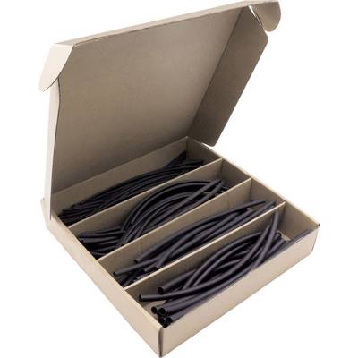 Boîte en carton avec compartiments ouverts, remplie de différentes tailles de gaines thermorétractables noires, utilisées pour l'isolation des câbles.