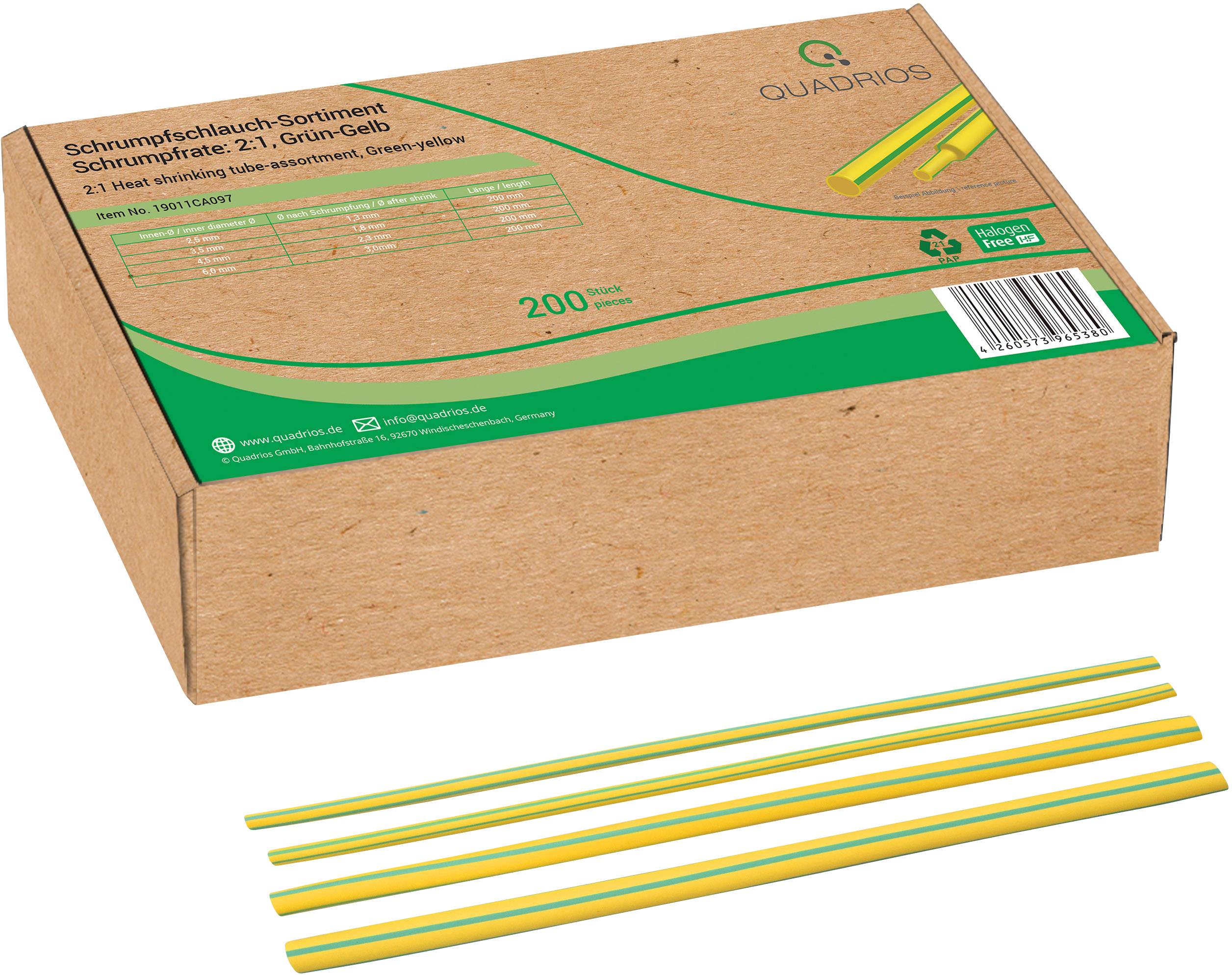 Assortiment de gaines thermorétractables, rapport 2:1, Vert-Jaune, 200 pièces en boîte de carton de Quadrios. Contient des gaines thermorétractables vert-jaunes.