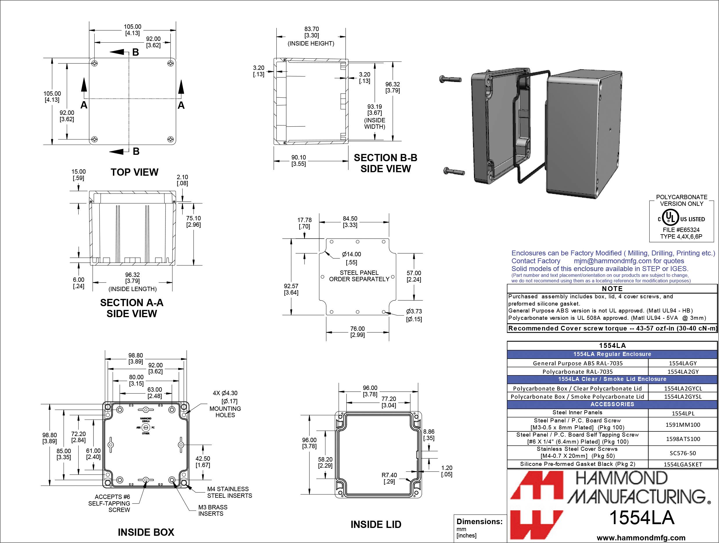 Dessin technique d'un boîtier d'appareil. Comprend différentes vues et dimensions du boîtier ainsi que des notes et des spécifications de matériaux en bas à gauche.