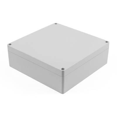 Un boîtier rectangulaire gris avec des angles arrondis et quatre trous de vis aux coins.