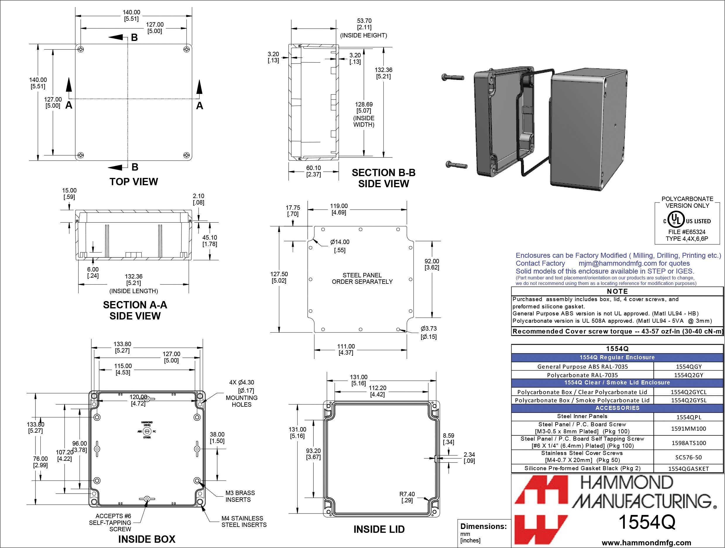 Dessin technique d'un boîtier rectangulaire avec des dimensions détaillées, vues de face et de côté. Fabricant : Hammond Manufacturing. Modèle : 1554Q.