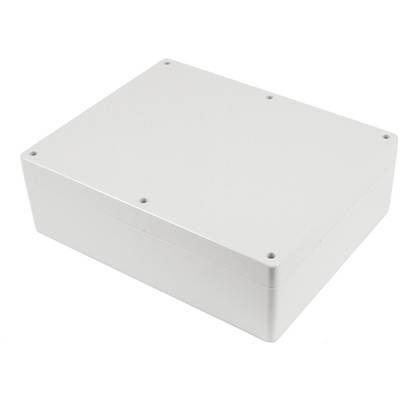 Boîtier rectangulaire en plastique blanc avec des coins arrondis et des trous de vis aux angles, adapté aux appareils électroniques.
