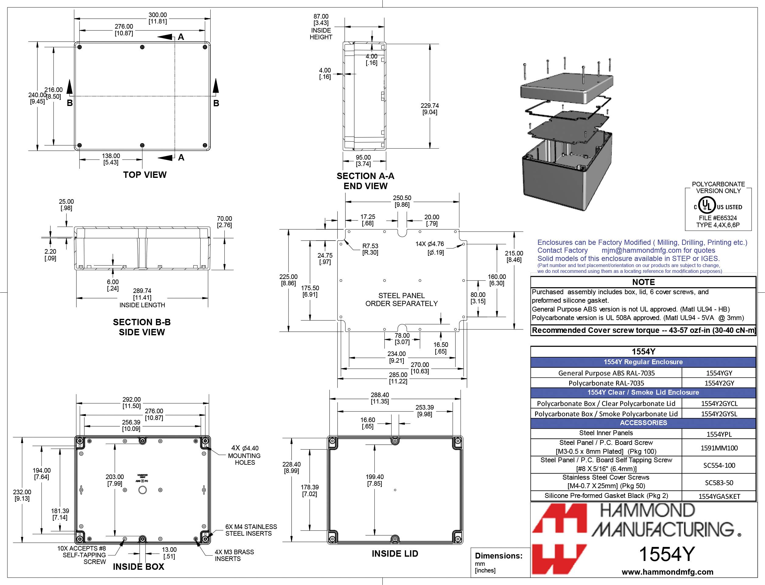 Dessin technique d'un boîtier rectangulaire avec plusieurs vues et dimensions. Comprend des vues intérieures et extérieures ainsi que les coordonnées du fabricant.