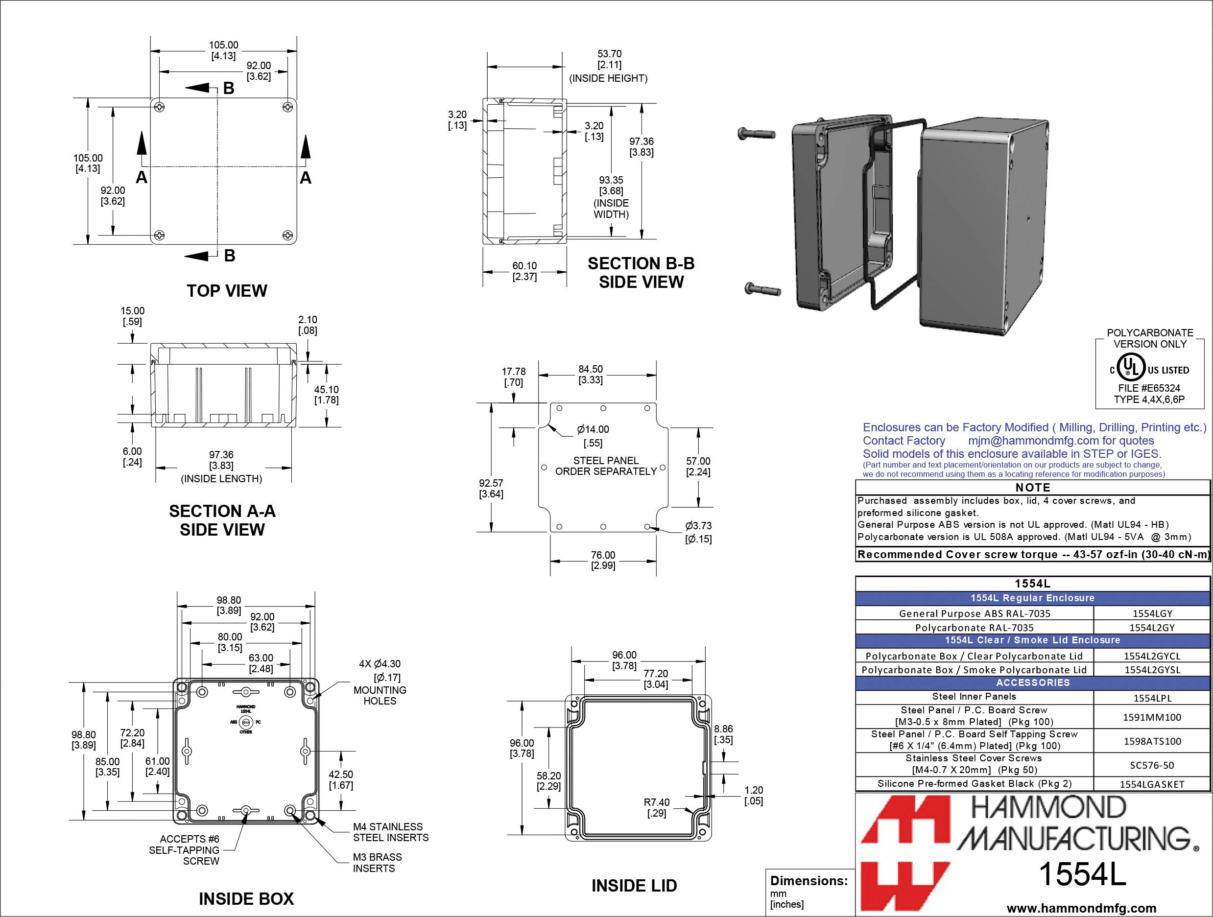 Dessin technique d'un boîtier. Présente différentes vues, dimensions et spécifications. Logo de marque de Hammond Manufacturing visible.