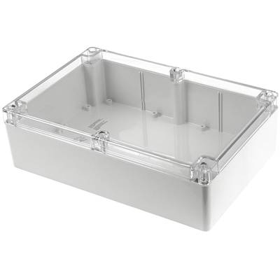 Boîte en plastique blanc rectangulaire avec couvercle transparent. Adaptée aux projets électroniques ou au rangement de matériaux.
