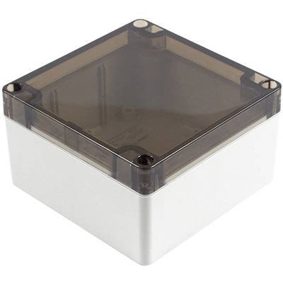 Un petit conteneur en plastique carré avec un couvercle transparent de couleur fumée et un corps blanc. Idéal pour le rangement.