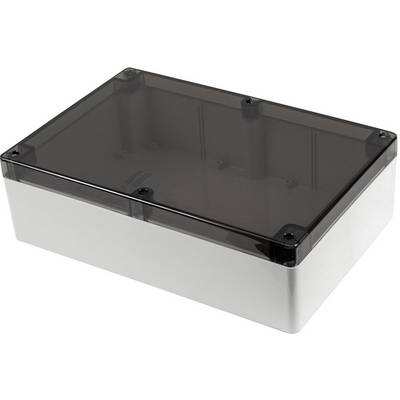 Un boîtier électrique rectangulaire avec un couvercle transparent. Adapté pour le rangement et la protection de composants électroniques.