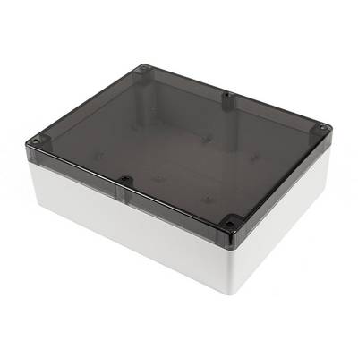 Boîtier en plastique gris rectangulaire avec un couvercle noir transparent, d'environ 20 cm de large. Adapté pour le rangement sécurisé de composants électroniques.