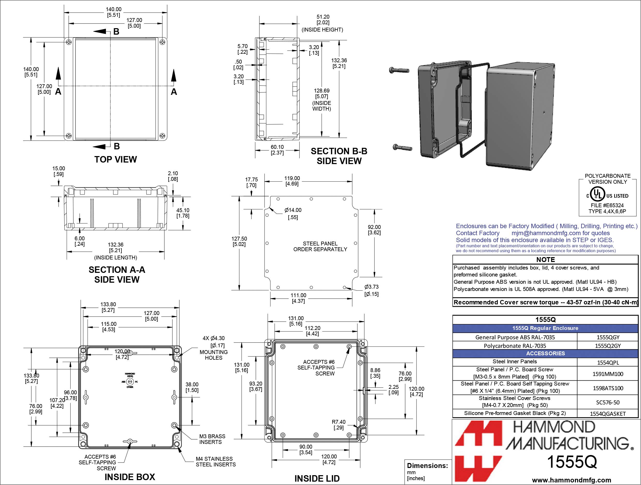 Dessin technique d'un boîtier rectangulaire avec différentes vues : vue de dessus, coupes, vue latérale et informations détaillées.