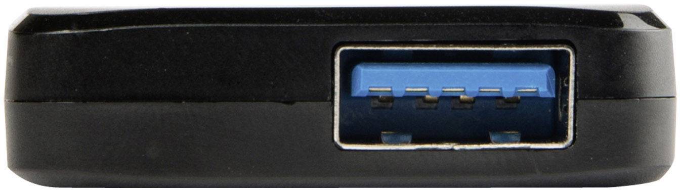 Hub USB noir avec un port USB bleu au centre, vue de face. Utilisé pour connecter des appareils via USB.