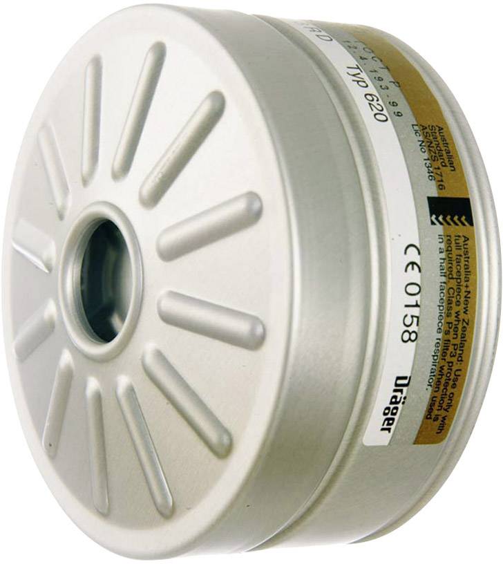 Filtre rond gris avec fentes de ventilation et marquage CE. Étiquette avec informations du fabricant et numéro de type sur le côté.