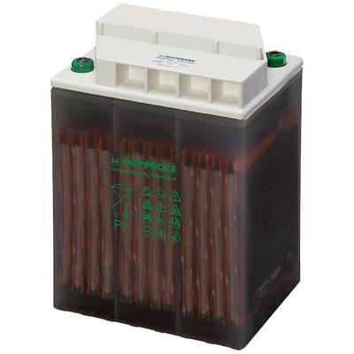 Une batterie transparente avec des plaques de plomb visibles, des symboles d'avertissement imprimés et l'inscription 'Hoppecke'.