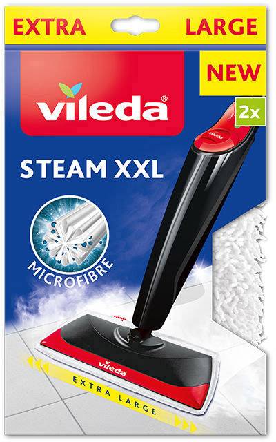 Emballage d'une serpillière vapeur Vileda Steam XXL. Inscriptions : « Extra Large », « Nouveau », « 2x », « Microfibre ». Image d'un balai vapeur.