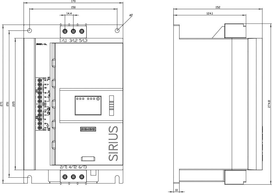 Dessin technique d'un appareil avec l'étiquette 'SIRIUS', montrant les dimensions et les connexions. Vue de face et vue latérale représentées.
