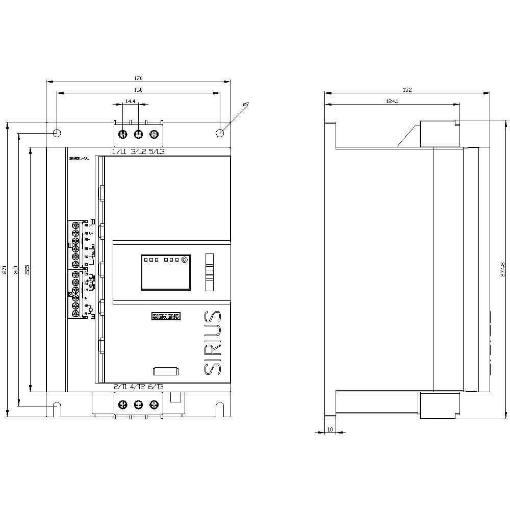 Dessin technique d'un appareil industriel SIRIUS avec vue de face et vue latérale, dimensions détaillées en millimètres.