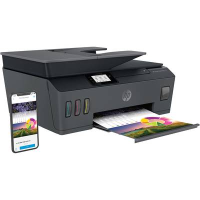 Une imprimante noire imprime un diagramme coloré. À côté, un smartphone affiche la même impression sur son écran.