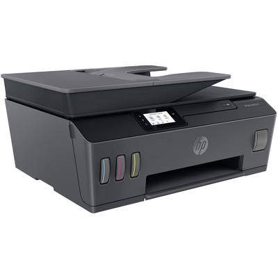 Une imprimante moderne noir avec un scanner et des indicateurs de cartouches colorés sur le devant.