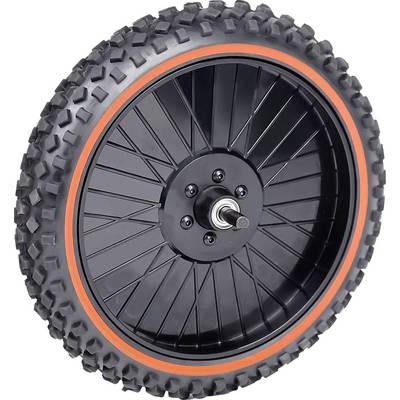 Roue noire avec bordure orange et profil structuré, adaptée aux véhicules tout-terrain.