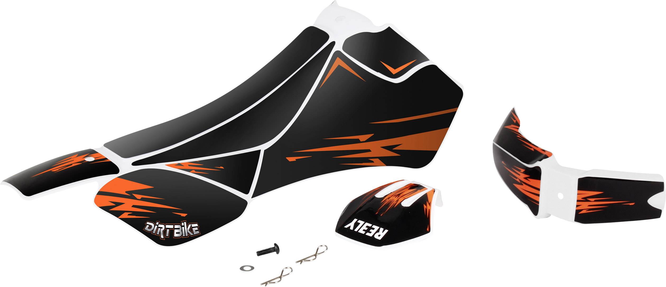 Kit de décoration pour moto en noir et orange avec motifs graphiques. Comprend des autocollants pour différentes pièces et vis.