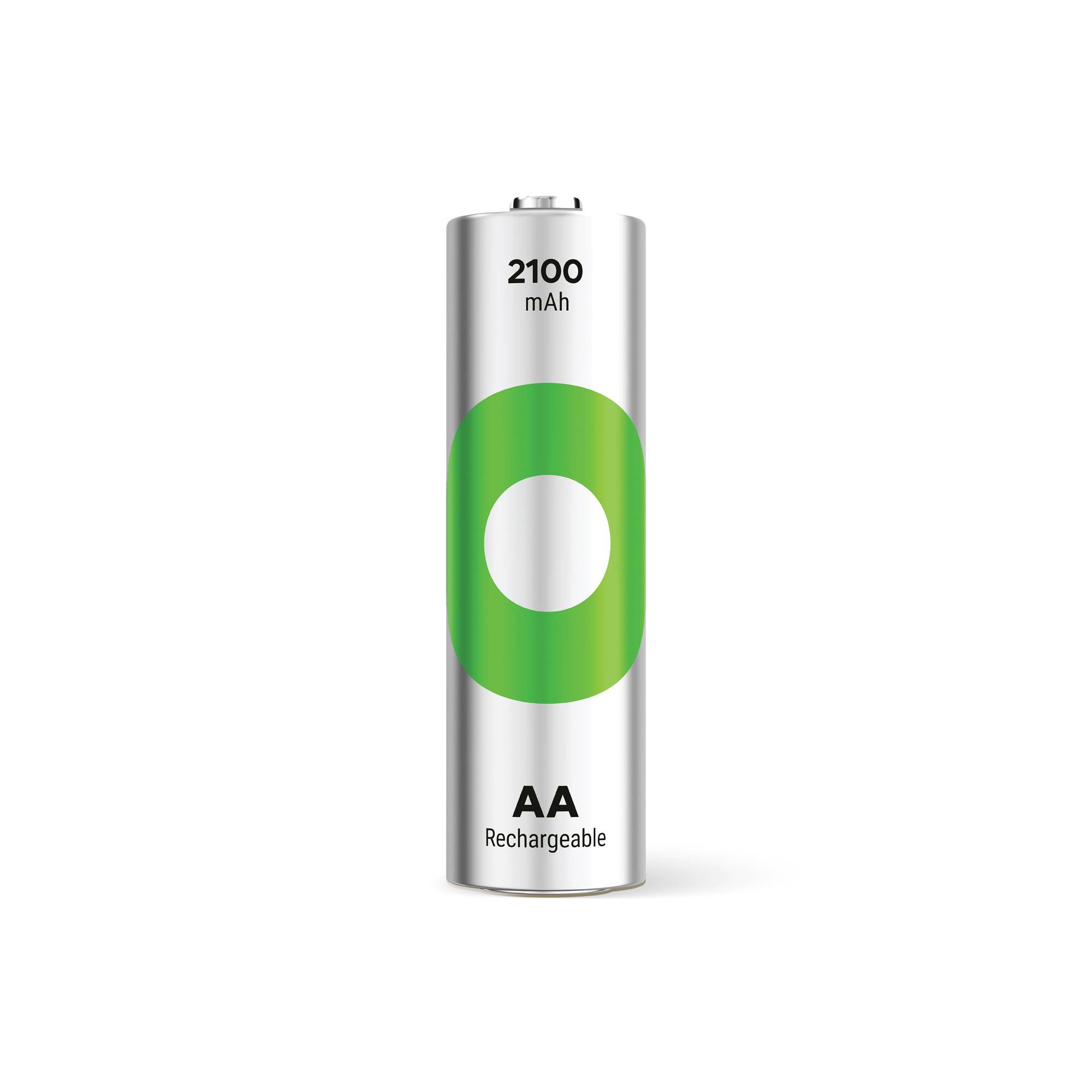 Une batterie rechargeable AA en argent avec un marquage vert portant l'inscription « 2100 mAh » et « Rechargeable ».
