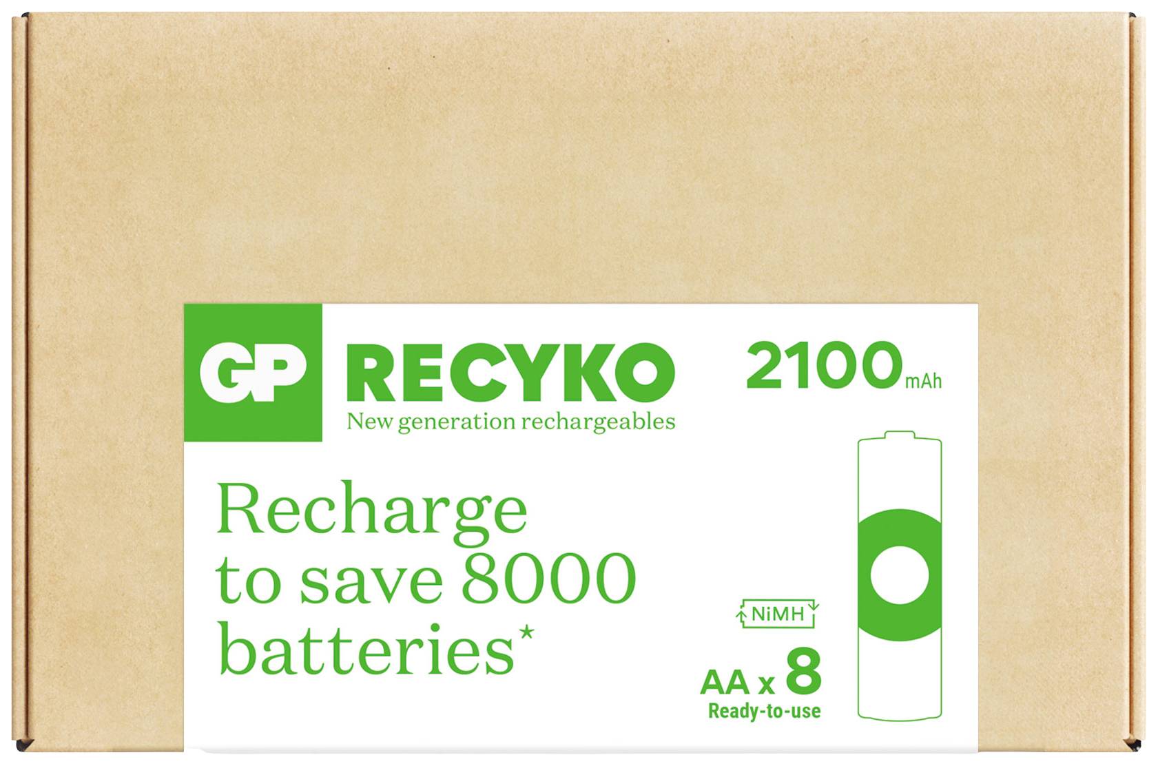 Emballage de piles portant l'inscription 'GP ReCyko 2100 mAh, NiMH, AA x 8, Recharge to save 8000 batteries'. Contient des piles AA rechargeables.