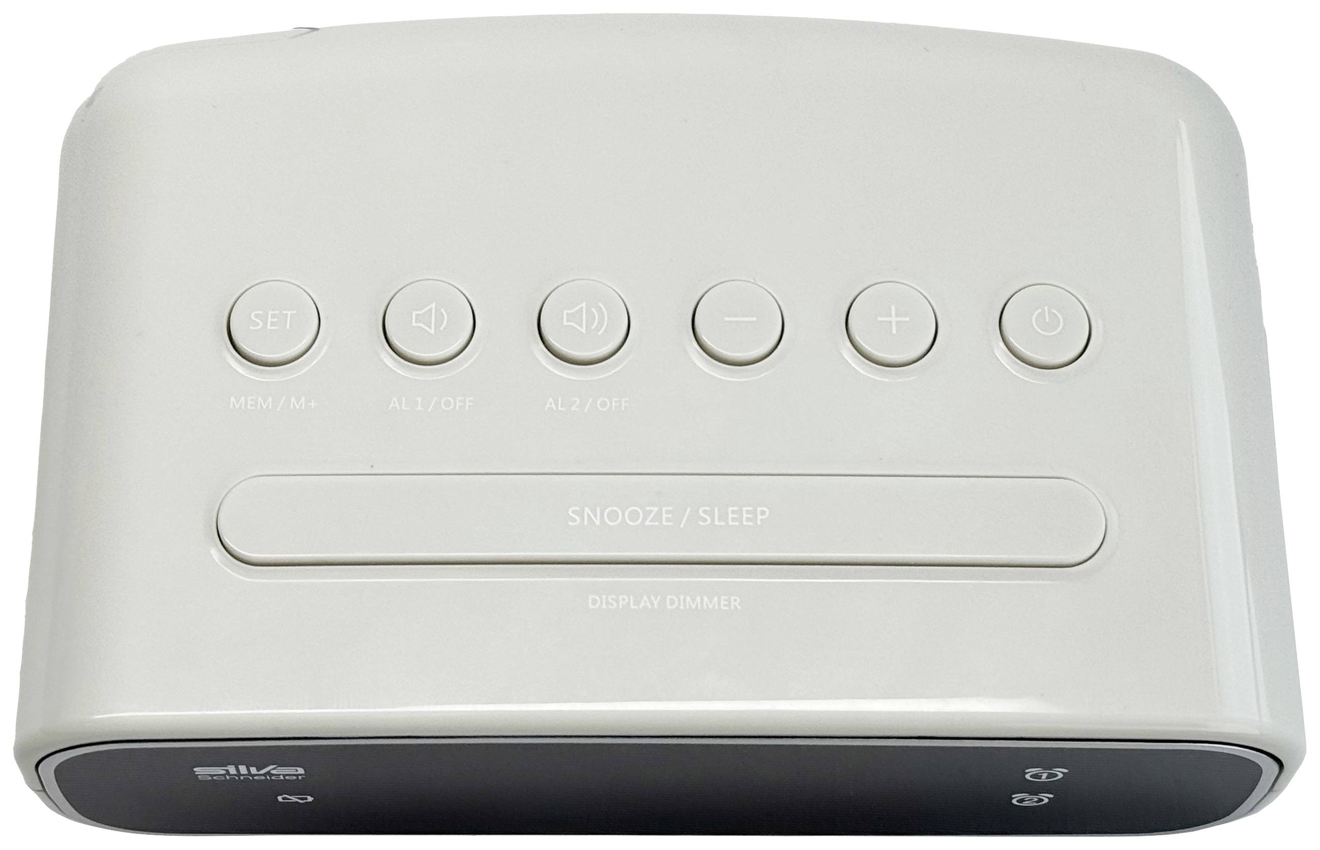 Un réveil blanc avec cinq touches sur le dessus : « Set », « Min/Fm- », « Al/Off », « Al/On » et « + ». En dessous, un bouton rectangulaire « Snooze/Sleep ».