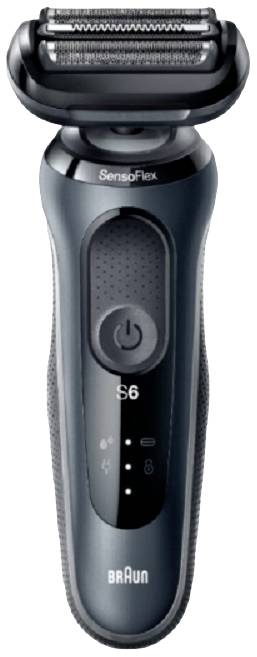 Rasoir électrique de marque Braun, modèle S6, avec boîtier noir et tête de coupe.