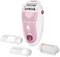 Un épilateur blanc et rose avec plusieurs accessoires à côté.