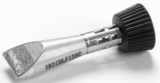 Embout de fouet en silicone, brillant métallique, manche cylindrique, capuchon nervuré noir sur la droite, inscription latérale.