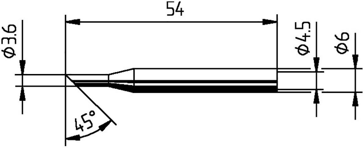 Dessin technique d'un objet cylindrique avec les dimensions suivantes : longueur totale 54 mm, diamètres 3,6 mm, 4,5 mm et 6 mm, angle 45 degrés.
