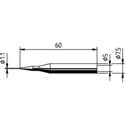 Dessin technique d'un objet cylindrique de longueur totale 60 mm. Diamètre variable : 1,1 mm à l'avant, 5 mm au centre, 7,5 mm à l'arrière.