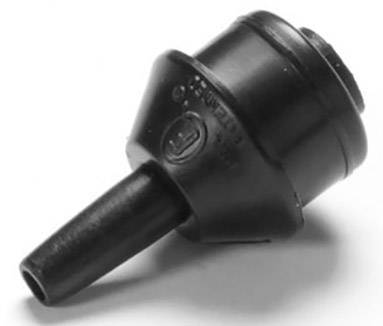 Une valve en plastique noir, de forme cylindrique, avec un embout étroit à une extrémité. Elle semble être une pièce de rechange ou un accessoire.