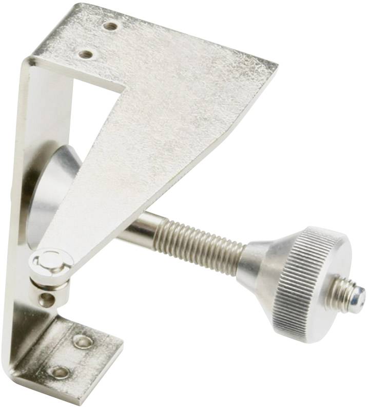 Support métallique avec filetage réglable et molette de réglage, probablement destiné à la fixation d'objets sur une surface.