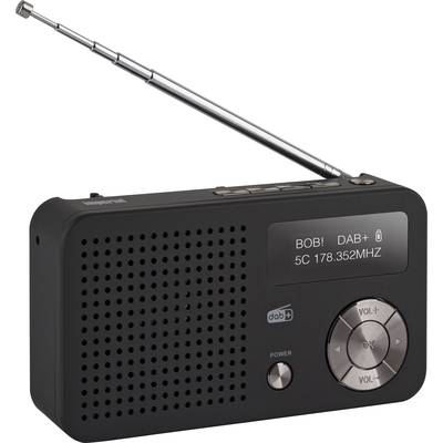 Un poste de radio portable noir DAB+ avec une antenne télescopique affiche 'BOB! DAB+ 5C 178.352MHZ' sur son écran.