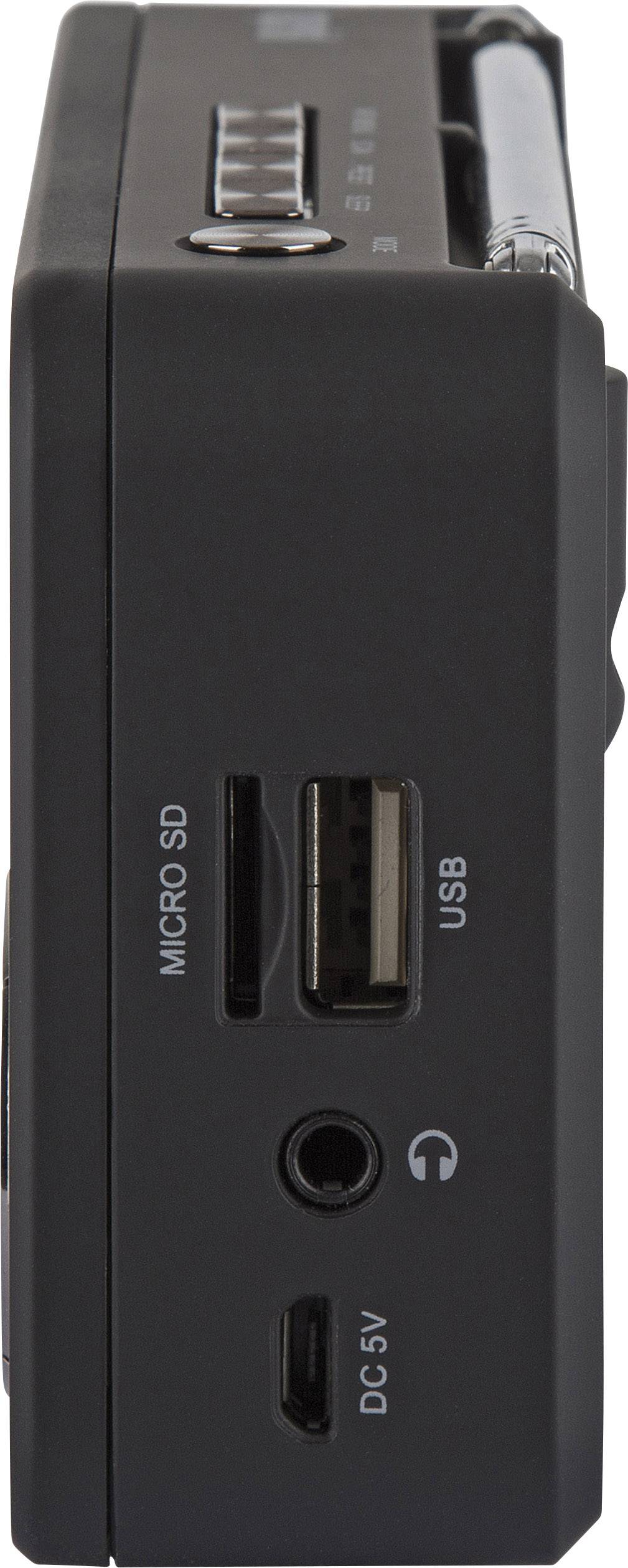 Vue latérale d'un appareil électronique avec ports : Micro SD, USB, prise casque et DC 5V.